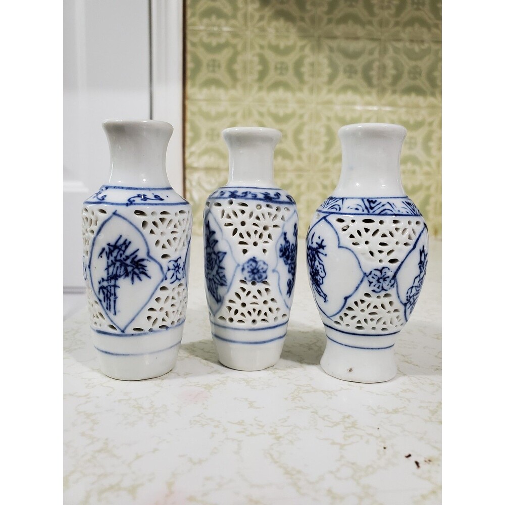 Vintage Wuxi (Wusih) China Reticulated Lace Petite Vases Set of 3 Blue Floral